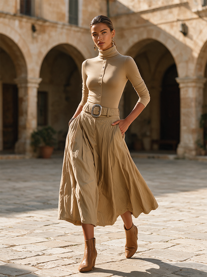 Completo da Donna per Ufficio con Top a Collo Alto, Cintura e Gonna Lunga Plissettata