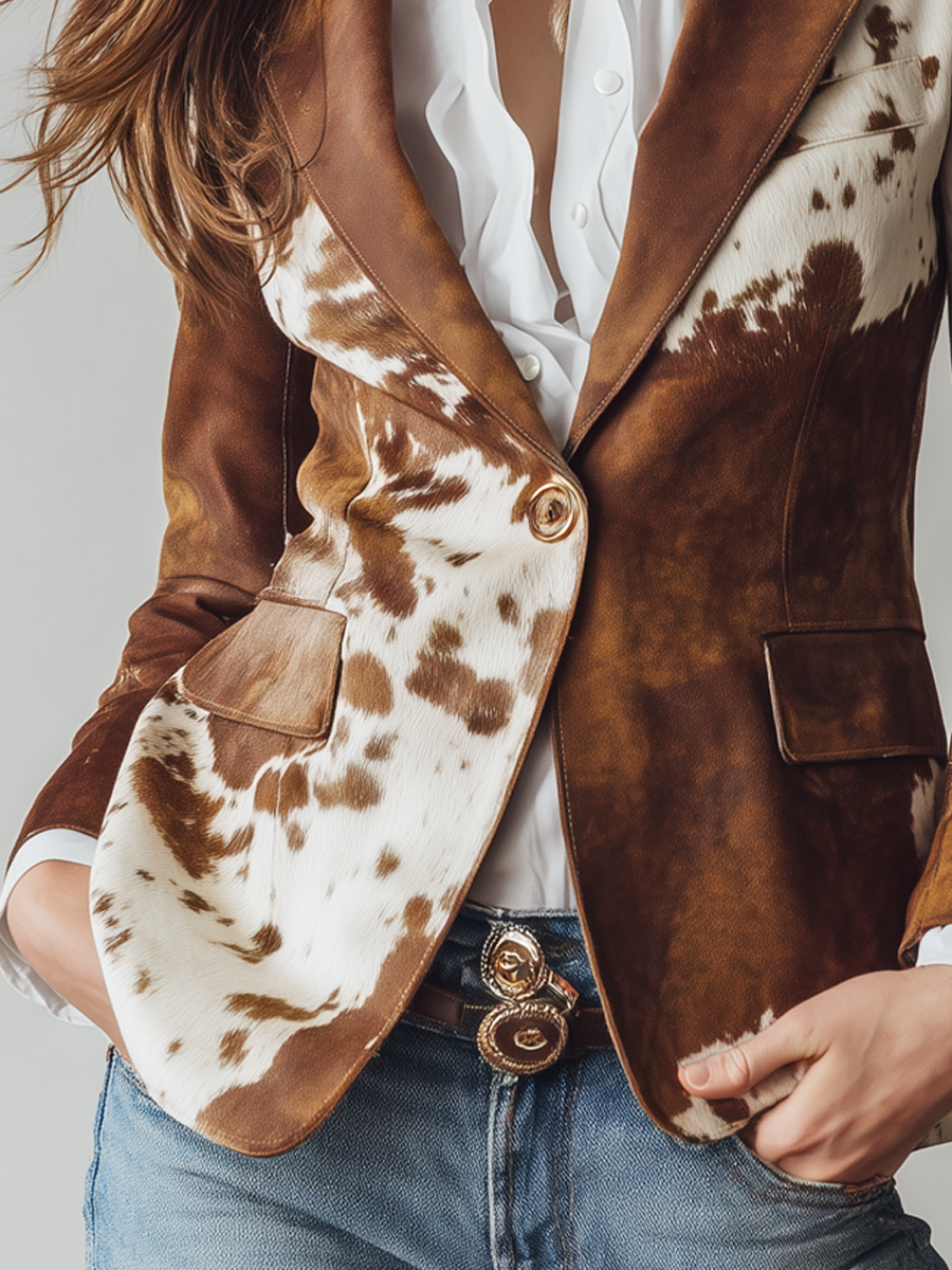 Blazer Donna Vintage in Ecopelle con Stampa Mucca