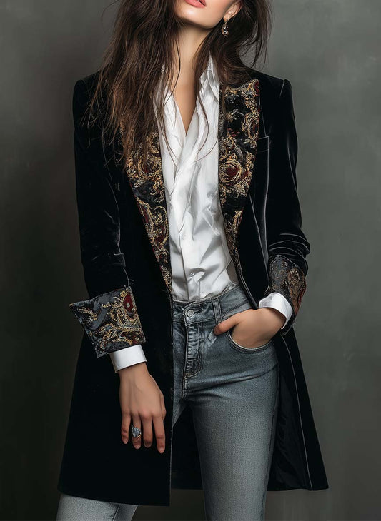 Blazer Donna Nero Slim Fit con Revers e Stampa Barocca
