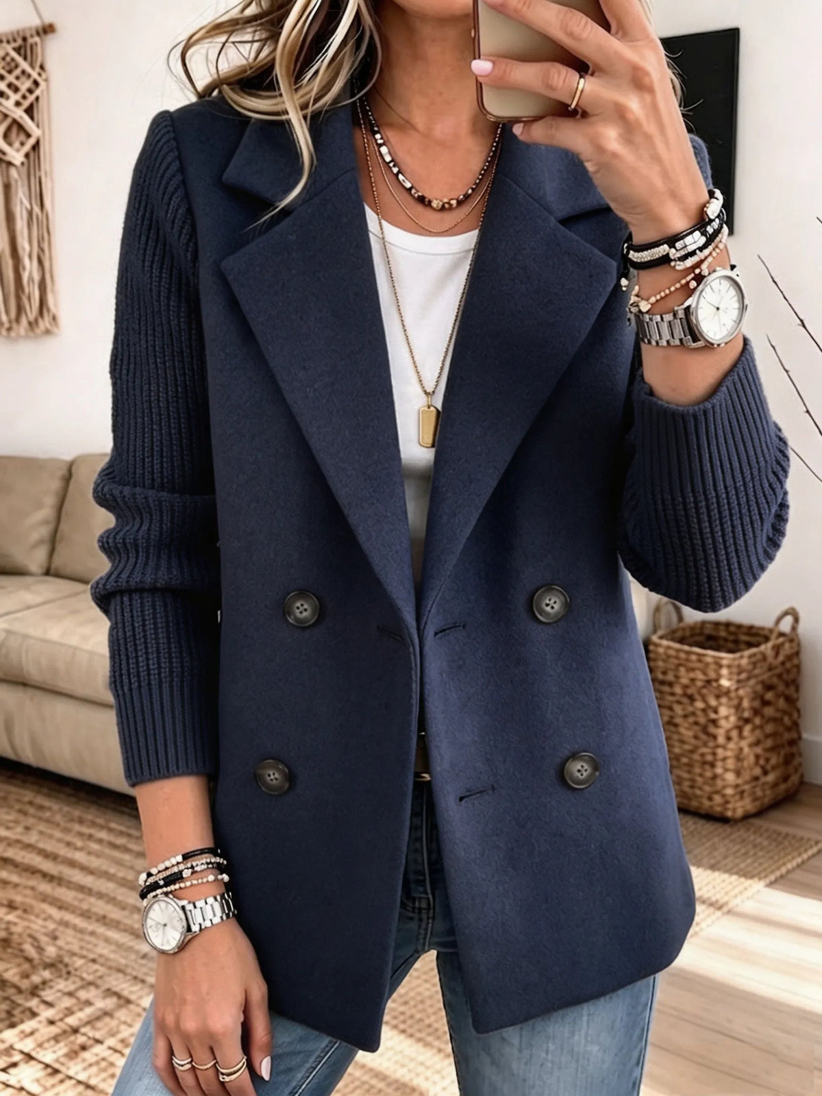 Blazer Donna Elegante in Maglia Bicolore con Maniche Lunghe