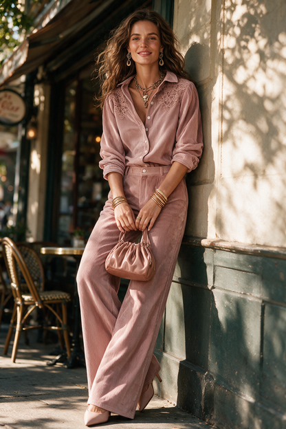 Completo da donna Boho in velluto a coste con camicia in pizzo e pantaloni a gamba larga