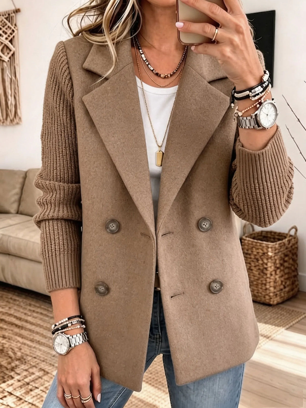 Blazer Donna Elegante in Maglia Bicolore con Maniche Lunghe
