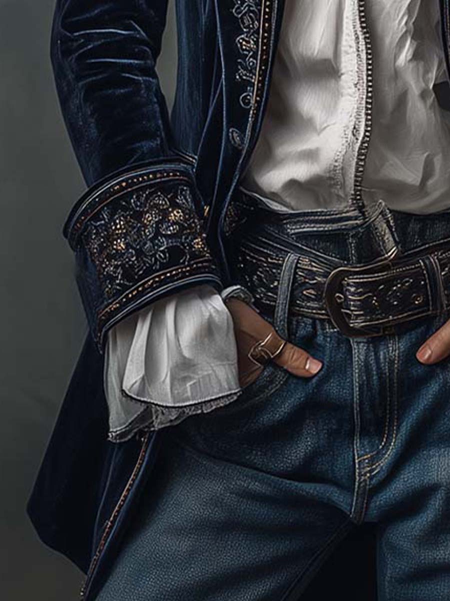 Giacca Donna Lunga Blu Navy con Ricami Decorativi