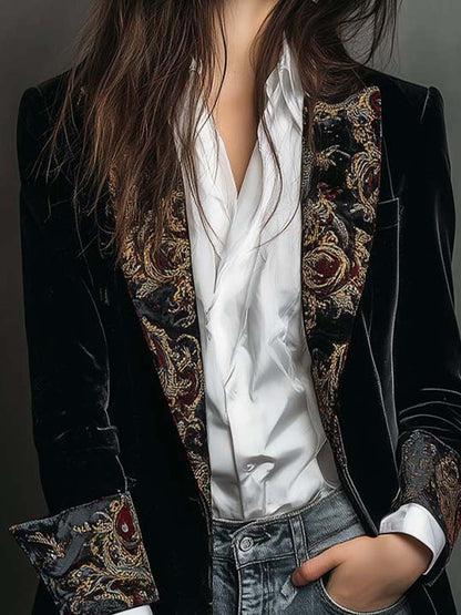 Blazer Donna Nero Slim Fit con Revers e Stampa Barocca