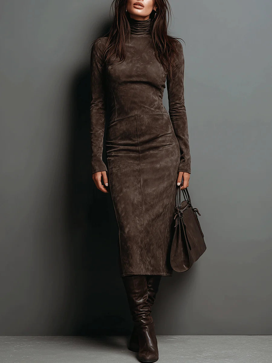 Abito Midi Donna in Ecopelle Scamosciata con Collo Alto e Maniche Lunghe