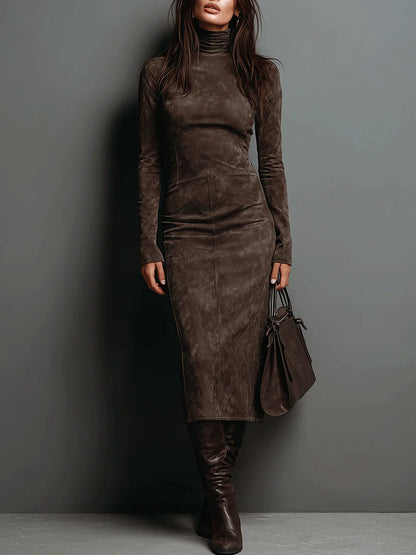 Abito Midi Donna in Ecopelle Scamosciata con Collo Alto e Maniche Lunghe