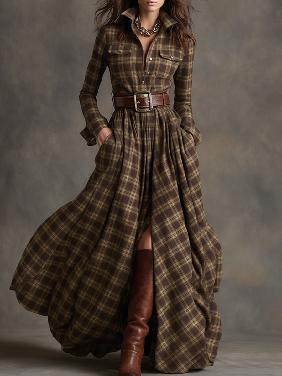 Abito Maxi Donna a Quadri Rosso Marrone con Colletto e Cintura