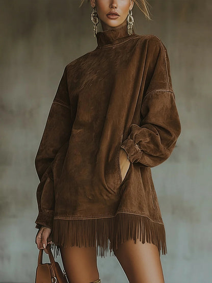 Abito Mini Donna in Ecopelle Scamosciata con Collo Alto e Frange