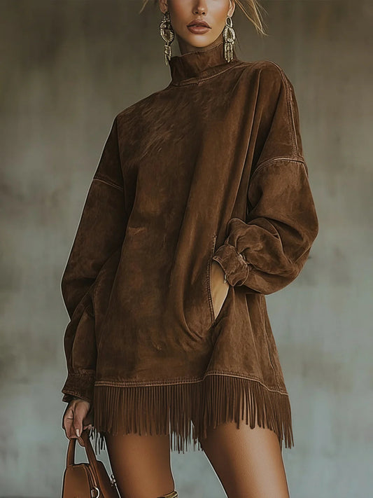 Abito Mini Donna in Ecopelle Scamosciata con Collo Alto e Frange