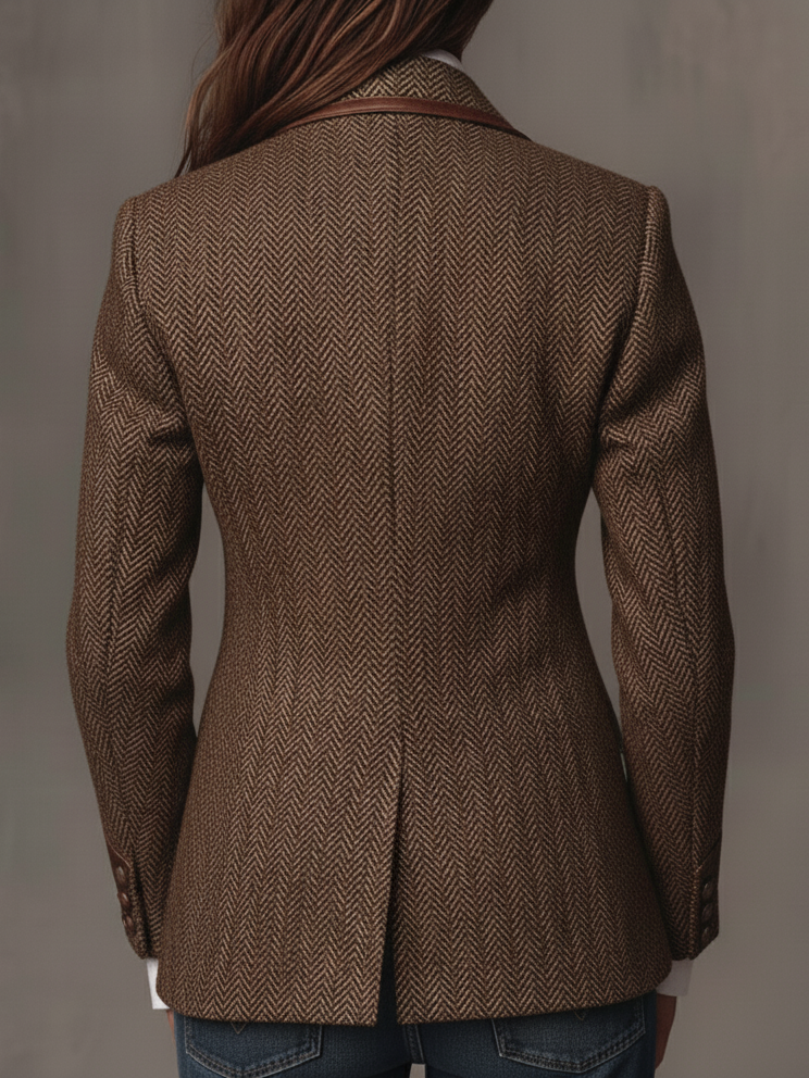 Blazer Donna in Tweed Spigato Marrone con Pannelli a Contrasto