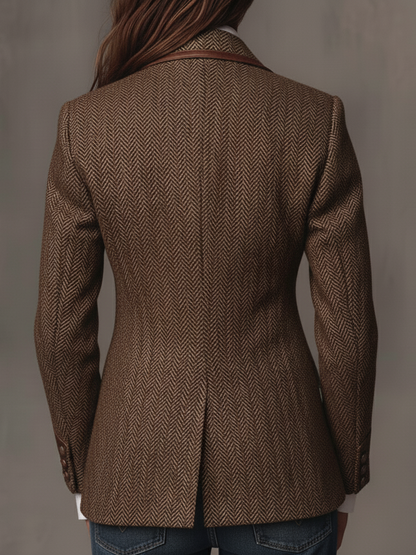 Blazer Donna in Tweed Spigato Marrone con Pannelli a Contrasto