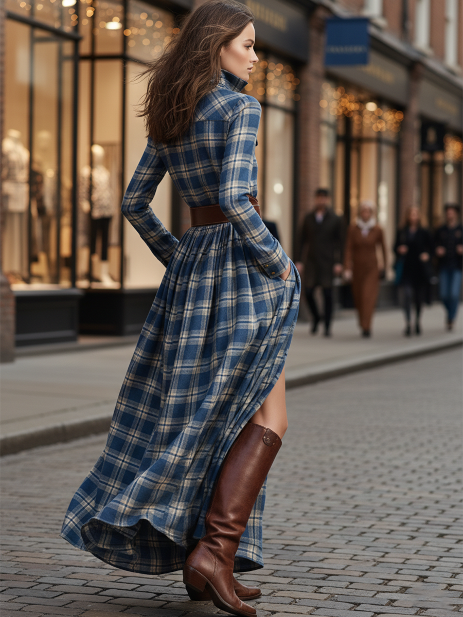 Abito Maxi Donna a Quadri Rosso Marrone con Colletto e Cintura