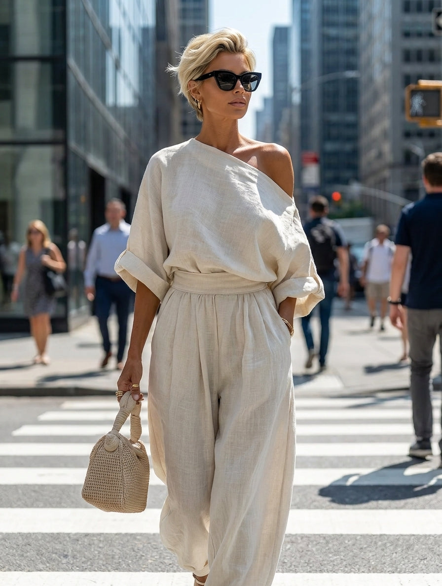 Completo Donna in Lino Color Panna con Top Monospalla e Pantaloni Affusolati