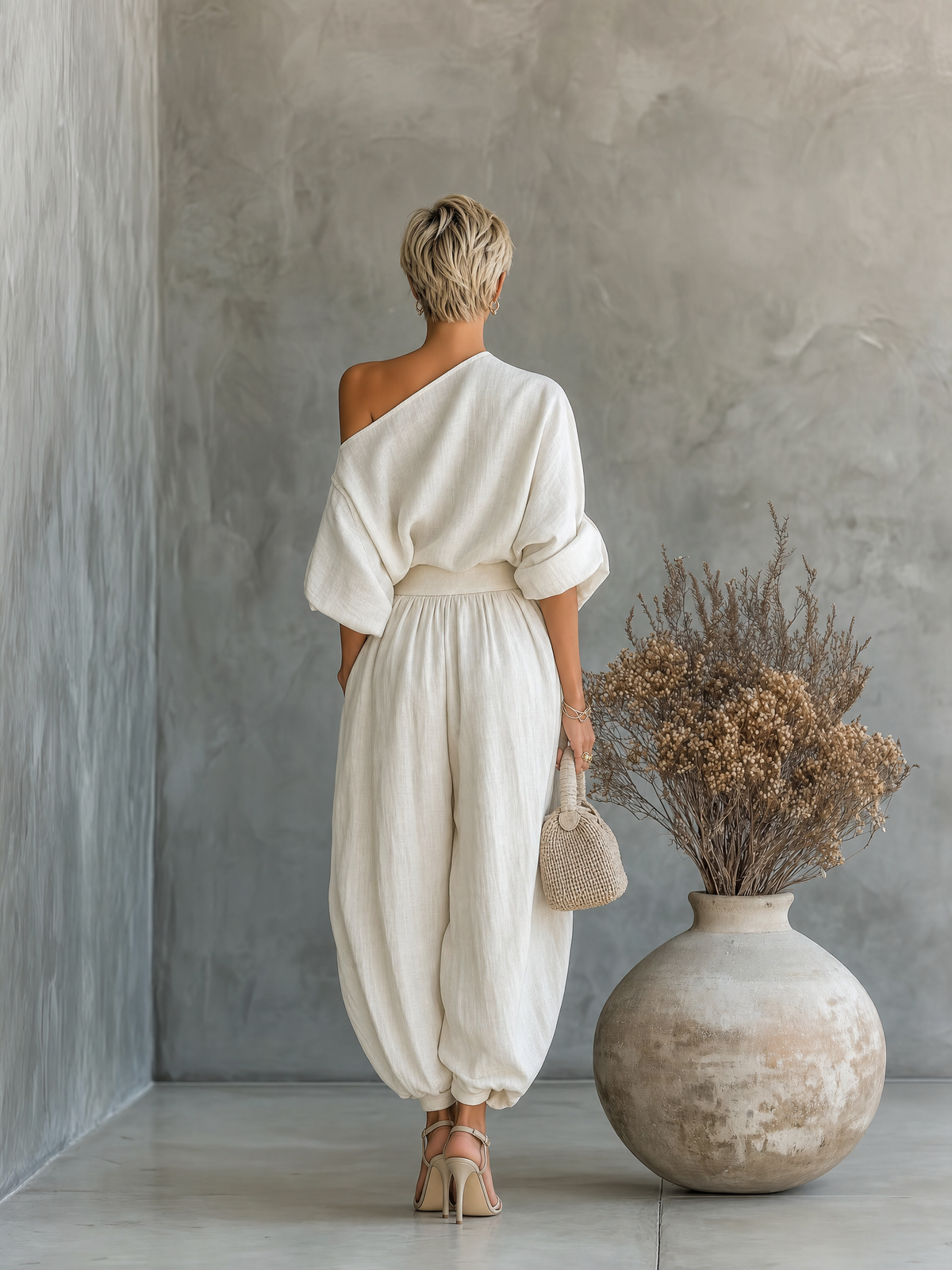 Completo Donna in Lino Color Panna con Top Monospalla e Pantaloni Affusolati
