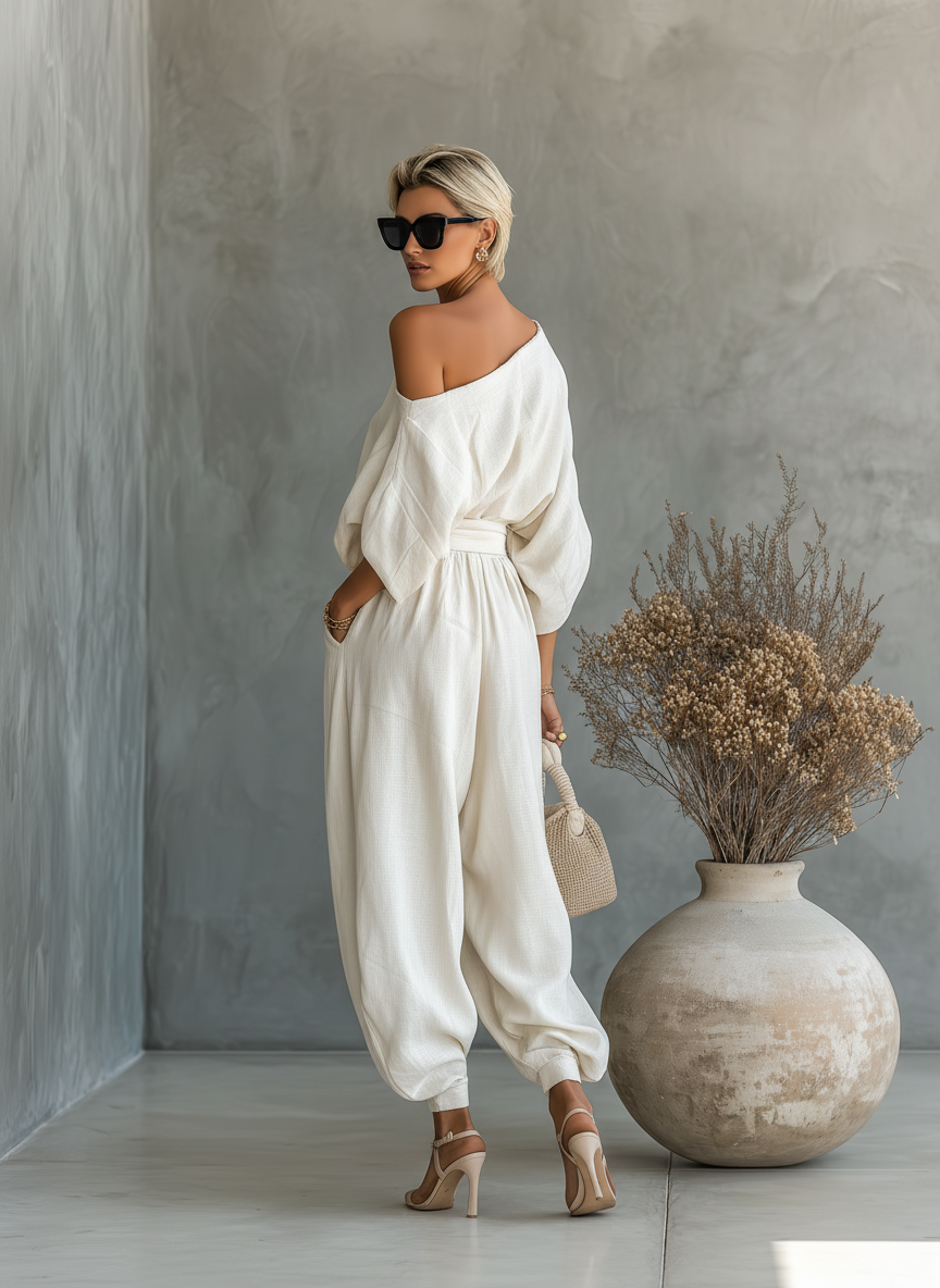 Completo Donna in Lino Color Panna con Top Monospalla e Pantaloni Affusolati