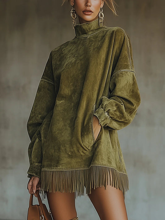 Abito Mini Donna in Ecopelle Scamosciata con Collo Alto e Frange