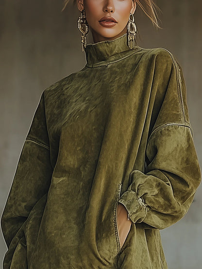 Abito Mini Donna in Ecopelle Scamosciata con Collo Alto e Frange