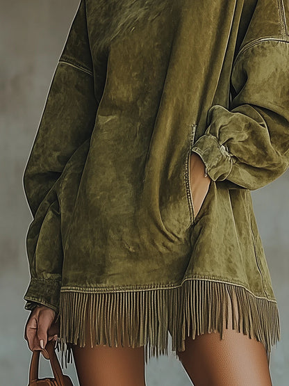 Abito Mini Donna in Ecopelle Scamosciata con Collo Alto e Frange