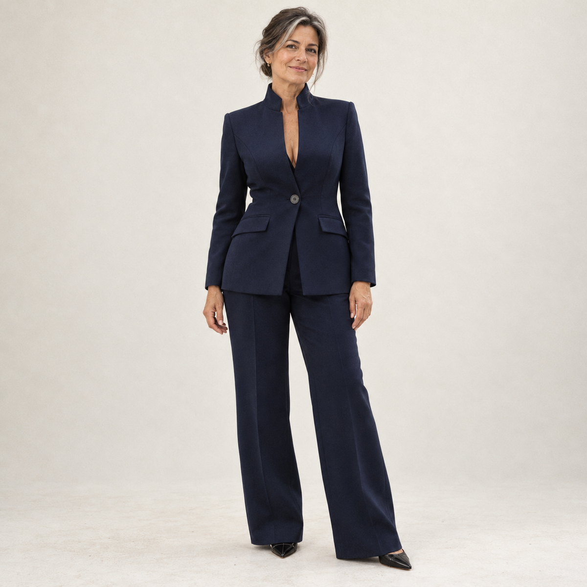 Completo Donna Sartoriale con Blazer e Pantaloni a Gamba Larga Blu Navy