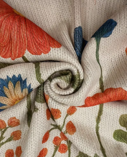 Cardigan Donna in Maglia Crema con Stampa Floreale