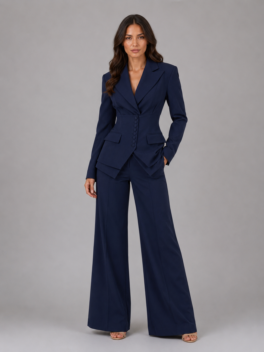 Completo Due Pezzi con Blazer a Vita Segnata e Pantaloni a Palazzo