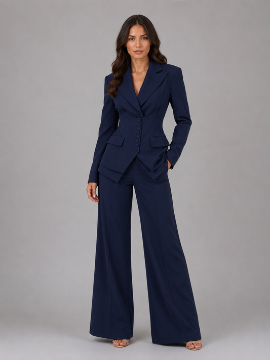 Completo Due Pezzi con Blazer a Vita Segnata e Pantaloni a Palazzo