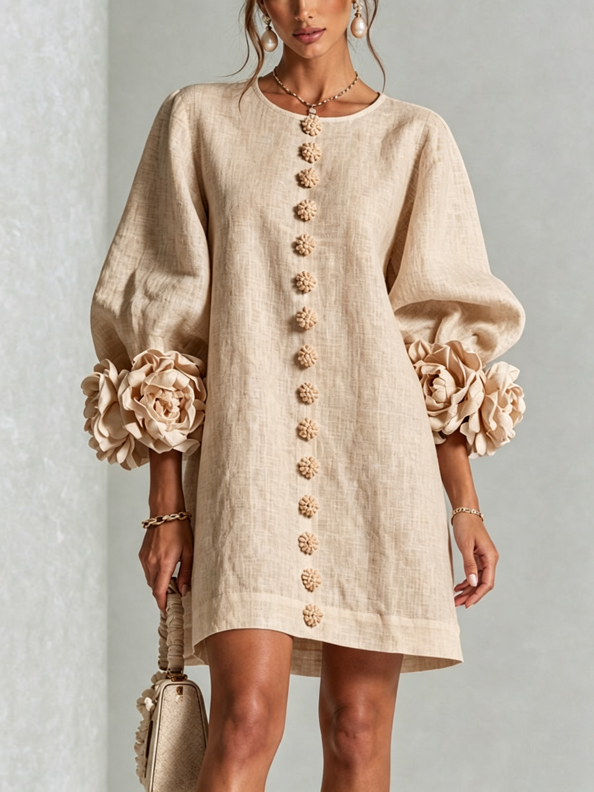 Abito Mini Donna Bianco con Bottoni Frontali e Polsini Floreali