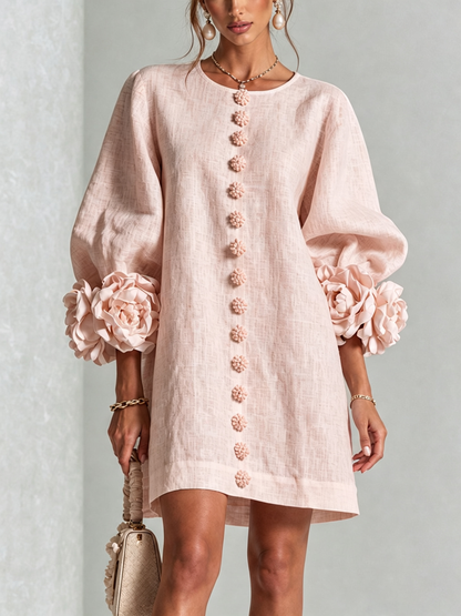 Abito Mini Donna Bianco con Bottoni Frontali e Polsini Floreali