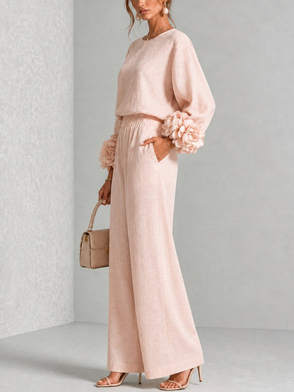 Completo Donna Rosa con Top a Girocollo e Pantaloni a Gamba Larga con Polsini Floreali