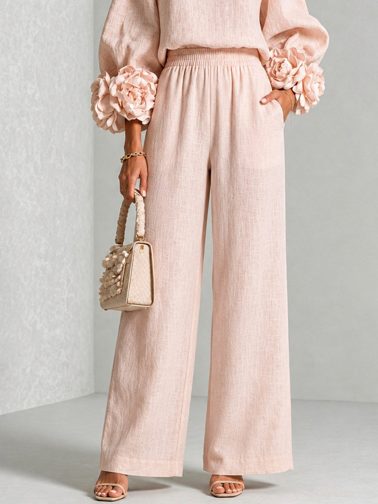 Completo Donna Rosa con Top a Girocollo e Pantaloni a Gamba Larga con Polsini Floreali