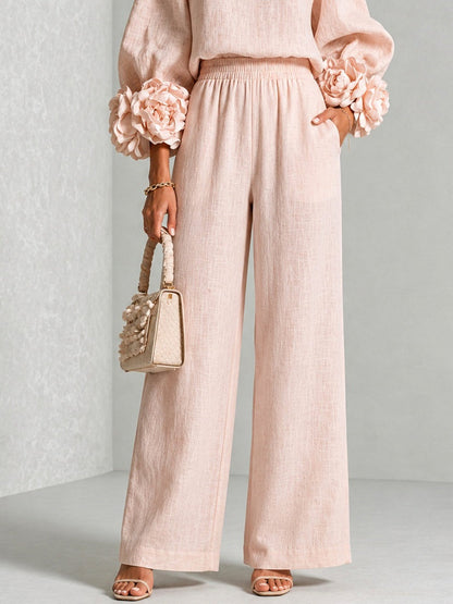 Completo Donna Rosa con Top a Girocollo e Pantaloni a Gamba Larga con Polsini Floreali