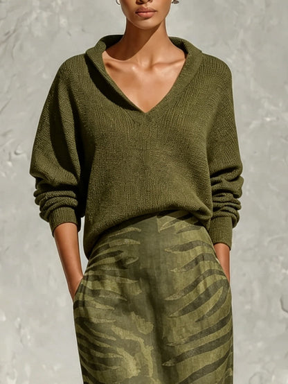 Completo Donna in Maglia Verde Oliva con Gonna Midi a Fantasia Zebrata