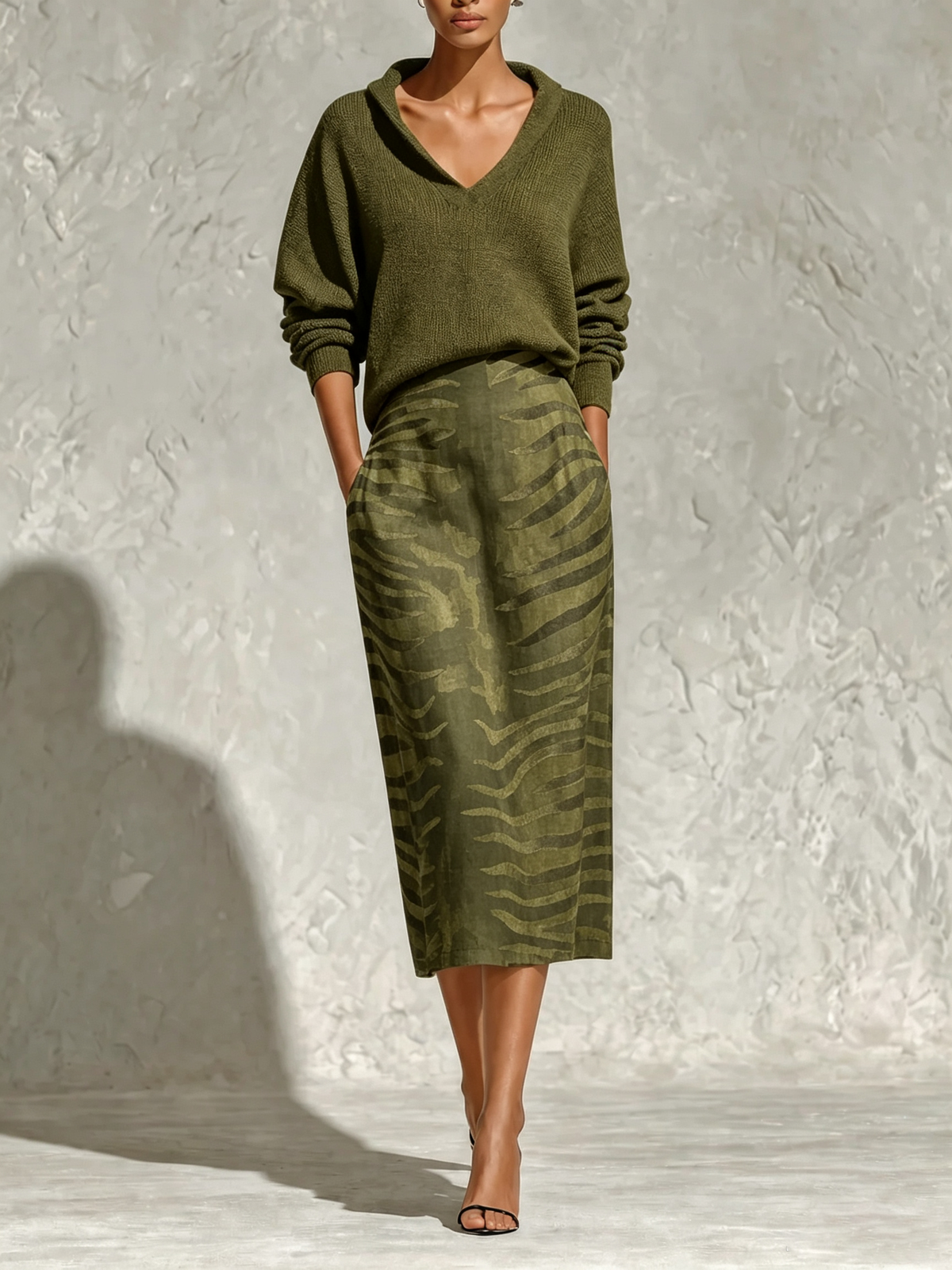Completo Donna in Maglia Verde Oliva con Gonna Midi a Fantasia Zebrata