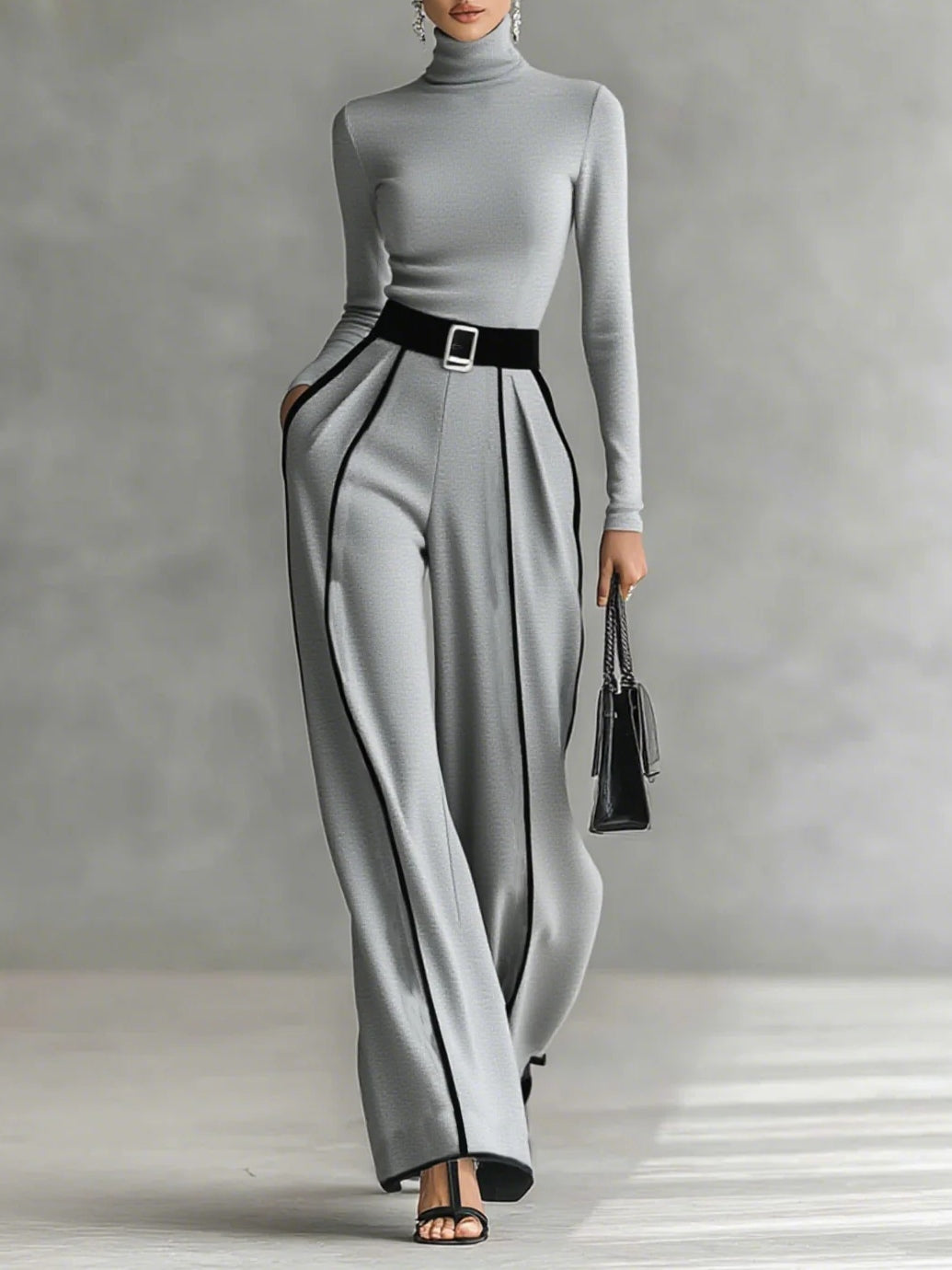 Completo Donna con Top a Collo Alto e Pantaloni a Gamba Larga con Cintura