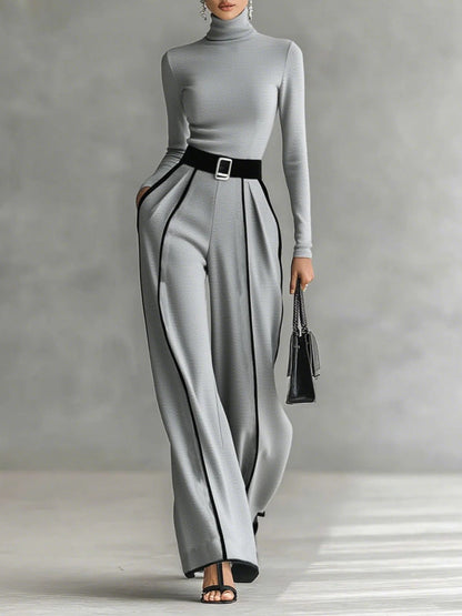 Completo Donna con Top a Collo Alto e Pantaloni a Gamba Larga con Cintura