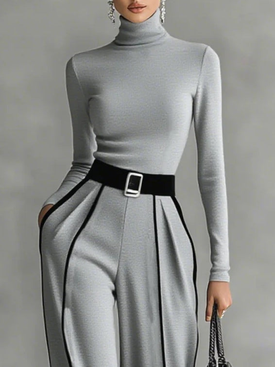 Completo Donna con Top a Collo Alto e Pantaloni a Gamba Larga con Cintura