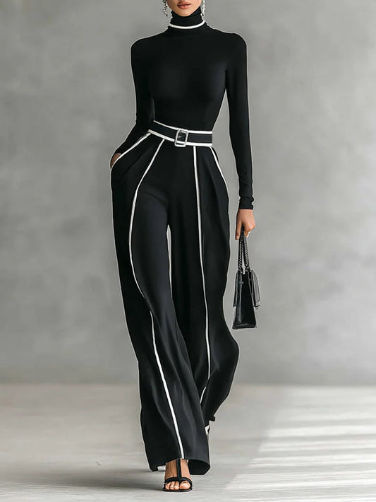 Completo Donna con Top a Collo Alto e Pantaloni a Gamba Larga con Cintura