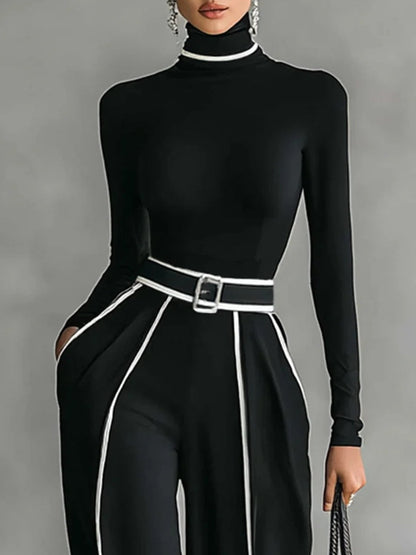 Completo Donna con Top a Collo Alto e Pantaloni a Gamba Larga con Cintura