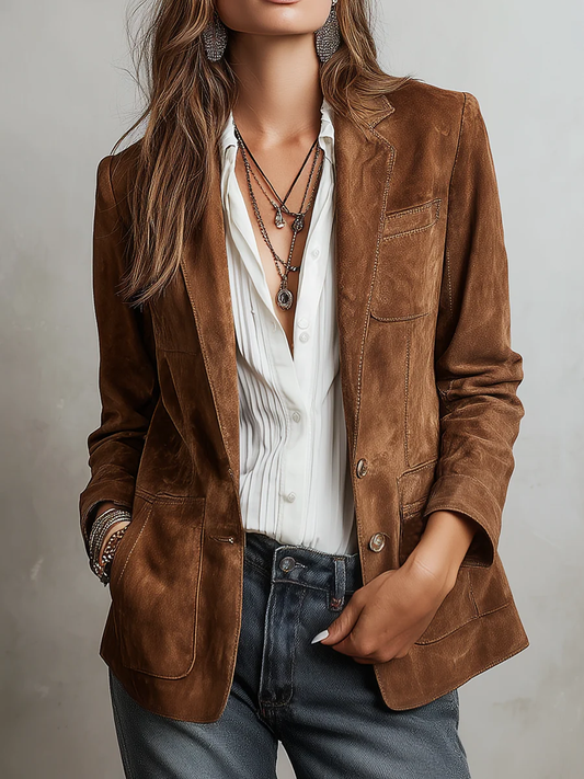 Blazer Donna Vintage Marrone in Effetto Scamosciato