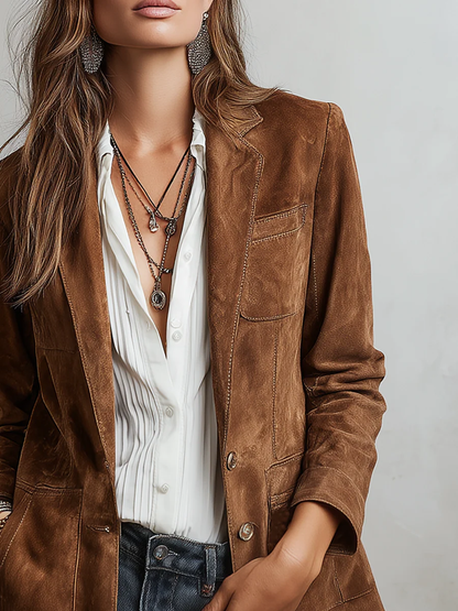 Blazer Donna Vintage Marrone in Effetto Scamosciato