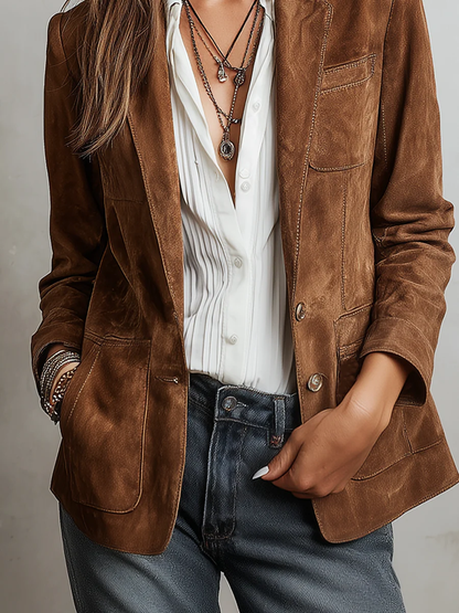 Blazer Donna Vintage Marrone in Effetto Scamosciato