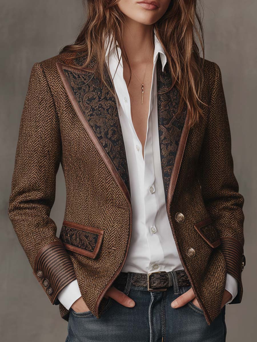 Blazer Donna in Tweed Spigato Marrone con Pannelli a Contrasto