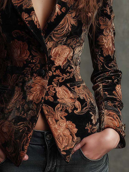Blazer Donna Sartoriale Nero con Stampa Floreale Bronzo