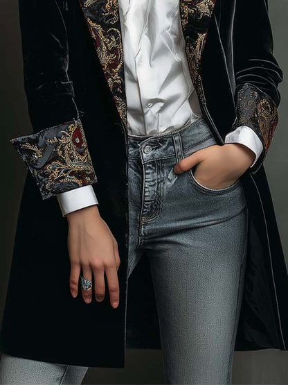 Blazer Donna Nero Slim Fit con Revers e Stampa Barocca