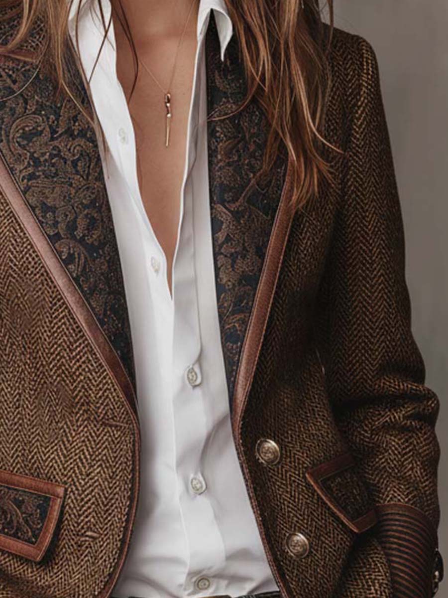 Blazer Donna in Tweed Spigato Marrone con Pannelli a Contrasto