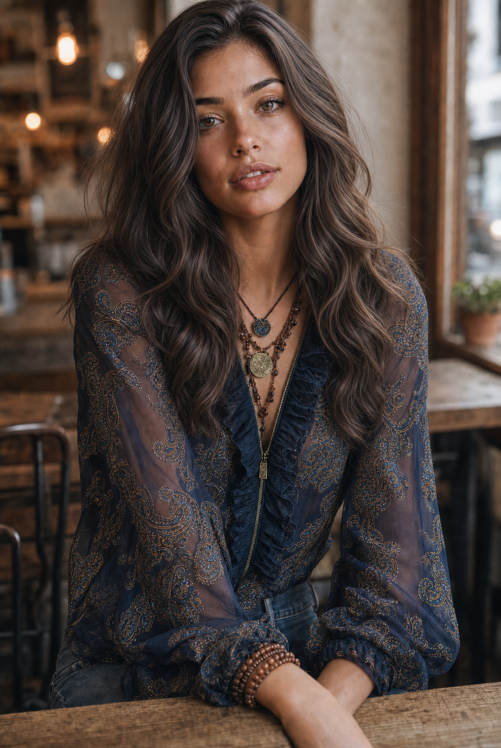 Camicetta da Donna in Chiffon Blu con Stampa Paisley Barocca e Volant