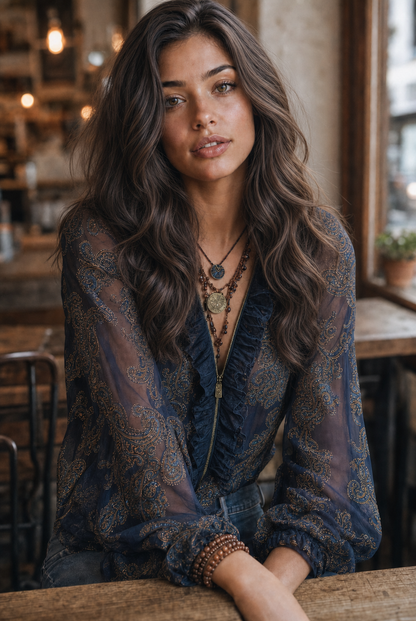 Camicetta da Donna in Chiffon Blu con Stampa Paisley Barocca e Volant