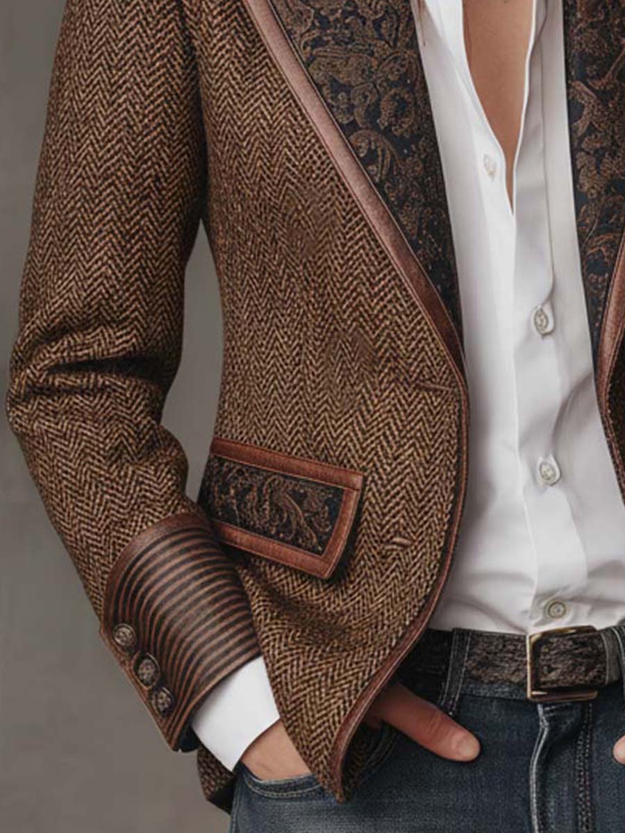 Blazer Donna in Tweed Spigato Marrone con Pannelli a Contrasto