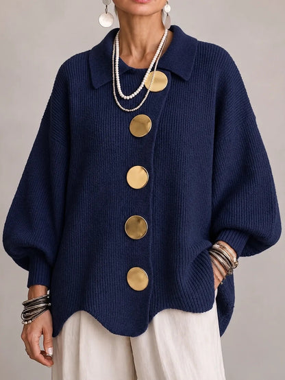 Cardigan Donna Oversize a Coste con Bottoni Dorati e Orlo Smerlato