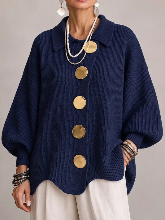 Cardigan Donna Oversize a Coste con Bottoni Dorati e Orlo Smerlato